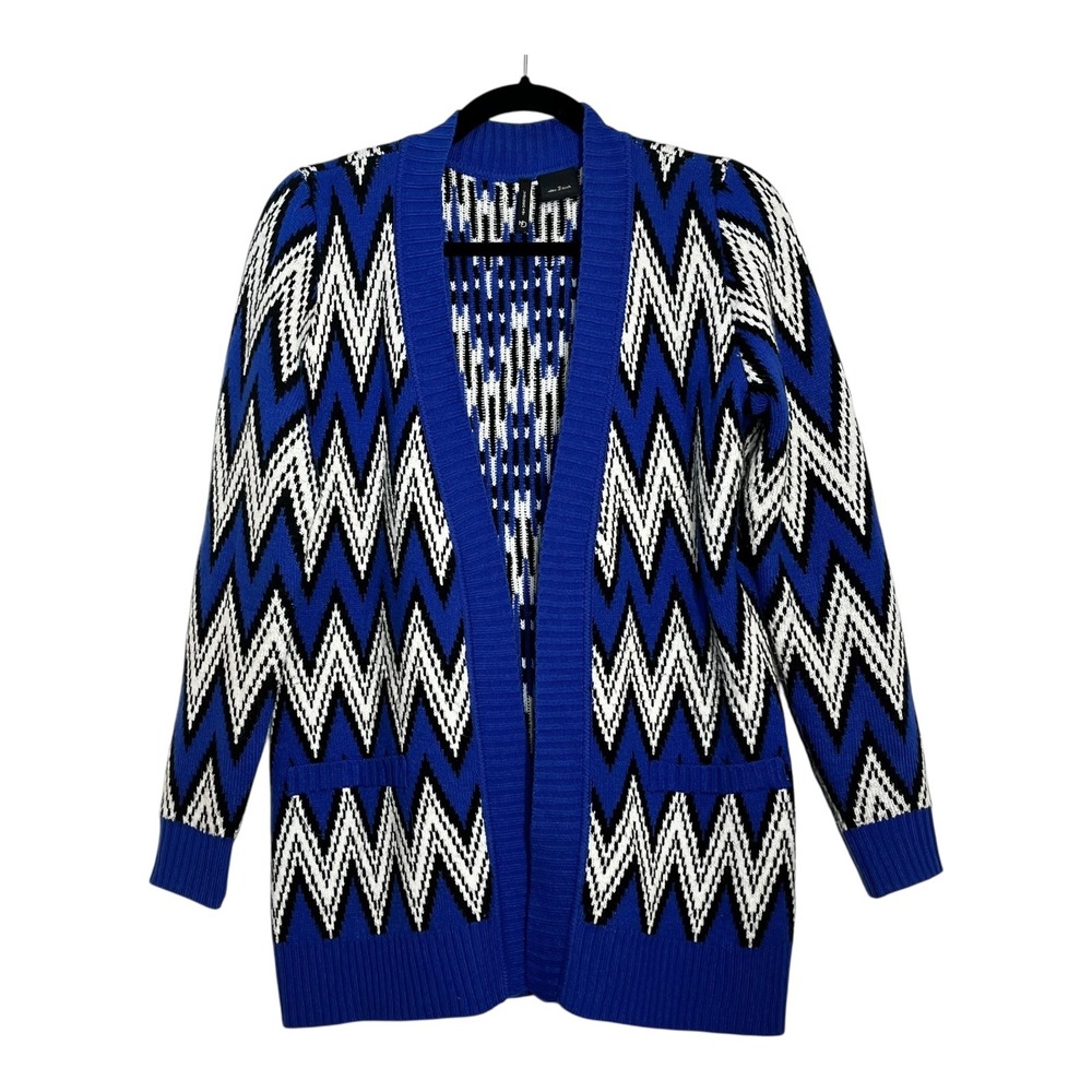 New Directions Womens Blue Black White Chevron Zig Zag Open Front Cardigan M‎